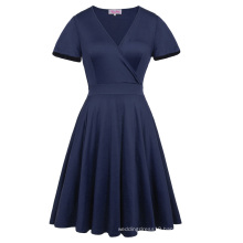 Hanna Nikole Short Sleeve V-Neck Navy Blue Plus Size Bridesmaid Swing Summer Dress HN0017-2